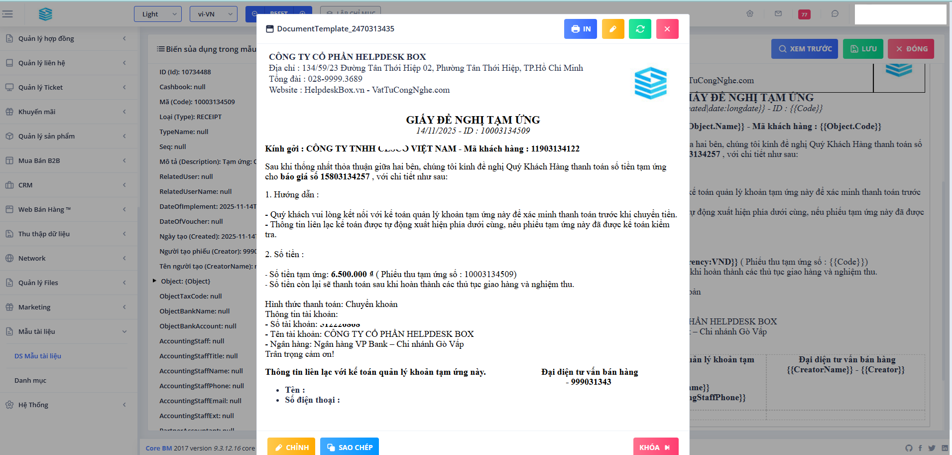 Mẫu tạm ứng dùng cho sales tại không gian 360 Deal – trong CRM